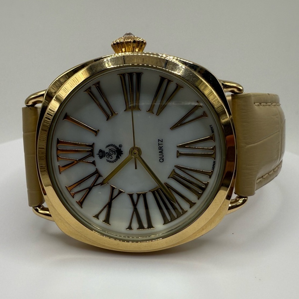 Premier Designs Gold Tone Roman Numeral Watch Tan Leather Strap Needs Battery